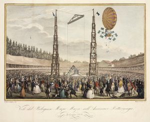 飛行船レティレミガ、1838年のボロネーゼのムツィオムッツィ（1809-46）の飛行 作： G. after Meloni