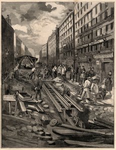 ベルヴィル ケーブルカーは、1894 年にベルヴィル通りに線路を敷設しました。 デ・バーグラフの絵。 1894年の「イラストの世界」で。 作： G. de Burgraff