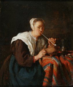 パイプを吸う女性（油彩・パネル） 作： Gabriel (after) Metsu