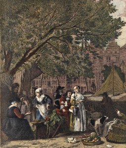 アムステルダムのハーブマーケット。ガブリエル・メツ（1629-1667）の絵画に基づく19世紀のエングレーヴィング。 作： Gabriel (after) Metsu
