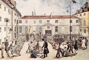「ビセトル刑務所の受刑者は庭で鎖でつながれている」ガブリエル・クロクマン作の水彩画（18世紀末から19世紀初頭） パリ カルナヴァレ美術館 作： Gabriel Cloquemin