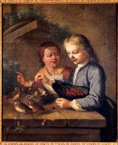 Dexu の子供たちの恩人は鳥にさくらんぼをあげます。 Gabriel Gresly (1712-1756) による絵画 18 世紀 ディジョン、美術館 作： Gabriel Gresly
