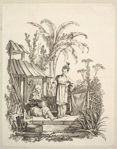 座っている中国人男性と魚を運ぶ女性1742年。 作： Gabriel Huquier