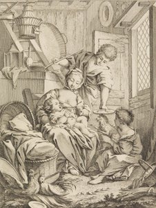 プレート 1: 乳児に餌をやる若い女性、Premier Livre de Subjects et Pastorales Fi...、1720-72 より。 作： Gabriel Huquier