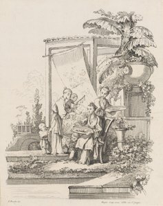 子供と召使いと一緒に座っている女性、カリフォルニア州。 1738-45。