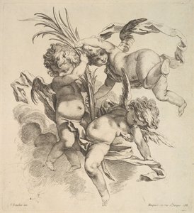 1738-45、ヤシの葉の近くの雲の中の3人の子供。 作： Gabriel Huquier