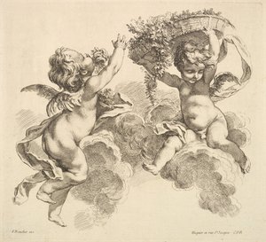 2人の子供、1人は花の入ったバスケットを持っている、1738-45。 作： Gabriel Huquier