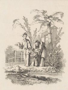 池の近くのテーブルにあるティーポットに向かって子供を導く 2 人の女性、カリフォルニア州。 1742年。 作： Gabriel Huquier