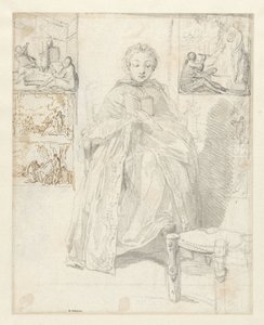 読書する女性といくつかのスケッチを含む学習シート 作： Gabriel Jacques de Saint Aubin
