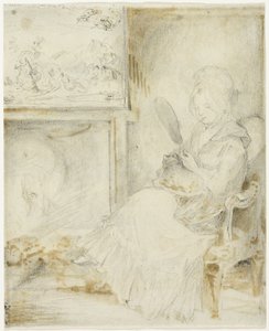 膝の上に猫を抱いて座る女性 作： Gabriel Jacques de Saint Aubin