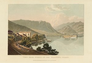 1820 年以前、マッジョーレ湖の美しい島イゾラ ベッラのストレーザからの眺め。 作： Gabriel Ludwig Lory