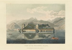 1820 年以前の美しい島イゾラ ベッラ、マッジョーレ湖の眺め。 作： Gabriel Ludwig Lory