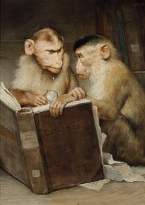 「学者たち」 開かれた本を持つ2匹の猿 - ガブリエル・コルネリウス・リッター・フォン・マックス（1840-1915）の絵画 個人蔵 作： Gabriel Max