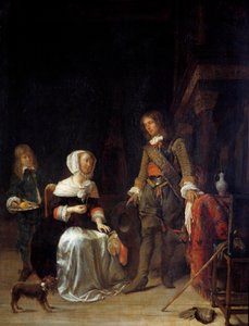 少女を訪ねる兵士 ガブリエル・メツ（1629-1667）の絵 17世紀 日0,63x0,47 m