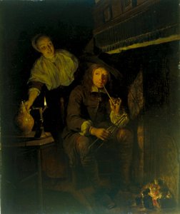 ドイツ語：Der Raucher am Kamin 焚き火台の喫煙者 作： ガブリエル・メツ