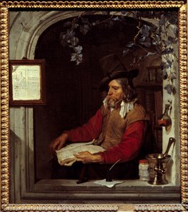 薬屋や化学者のこと。ガブリエル・メツ（1629-1667）の絵 Ec.ホル。 作： Gabriel Metsu
