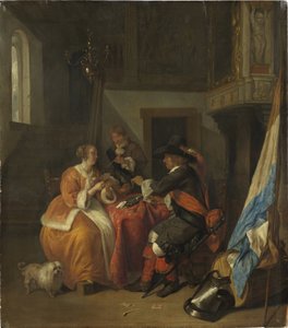 メツ、ガブリエル（1629-1667）の「Un jeu de carte - A Card Game」。木に油彩