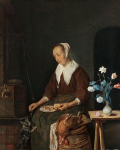 食べる女、通称「猫の朝食」、1661-64年頃（油彩・パネル） 作： Gabriel Metsu