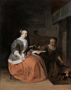 犬にパンケーキを与える若い女性と女中 作： ガブリエル・メツ
