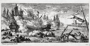 1676年4月22日、フランス艦隊とスペイン・オランダ連合軍との間で行われたアゴスタ（現在のシチリア島アウグスタ）の海戦。マウント・ギベル（ギベル山）の戦い、ファマグスタの戦いとも呼ばれる。 作： Gabriel Perelle
