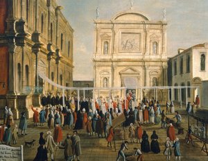 聖なる日のサン・ロッコ教会におけるドージェと領主たち ガブリエル・ベラ（1730-1799）作 油彩・キャンバス 92.5x145.5cm 詳細 作： Gabriele Bella