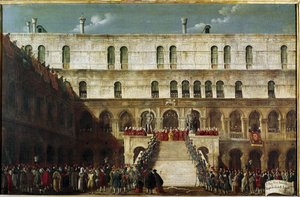 ヴェネツィアのゲアンツの階段へのドージェの誘導 - ガブリエレ・ベッラ（約1730-1799）の絵画。ヴェネツィア、ケリーニ・スタンパリア財団 作： Gabriele Bella