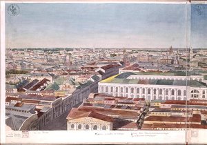 モスクワのパノラマ。1819年にゴスチニドヴォルの旧市場広場と証券取引所を描いています（紙にトイレ）（170139〜170146を参照）。