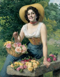 バラの籠を持った美女 作： Gaetano Bellei