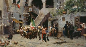 国王万歳、イタリア国旗を掲げた子供たちの行列 作： Gaetano Capone