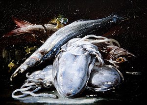 石突の上で休むイカ、灰色のボラ、赤のボラ（油彩・キャンバス） 作： Gaetano Cusati