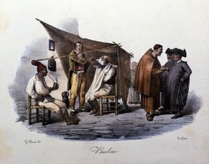 ナポリの街の小さなメティエ：歩く床屋と通りでのおしゃべり。G.Duraのリトグラフ 作： Gaetano Dura