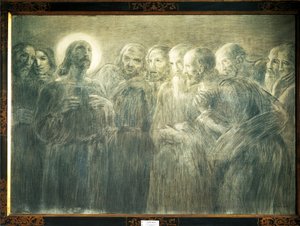 ガエタノ・プレヴィアーティ（1852-1920）作「使徒の中のキリスト」木炭・キャンバス 作： Gaetano Previati