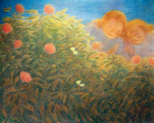 花と蝶」ガエターノ・プレヴィアーティ（1852-1920）作、油彩・キャンバス 作： Gaetano Previati