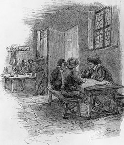 アレッサンドロ・マンゾーニ（1785-1873）の歴史小説『婚約者』のためにガエタノ・プレヴィアティ（1852-1920）が描いた挿絵、第7章「宿屋でのレンツォ、トニオ、ジェルバーゼ 作： Gaetano Previati