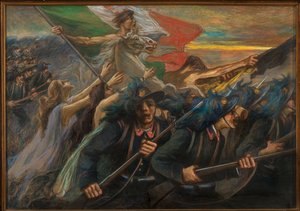 トレントとトリエステ、ベルサグリエーリ (ライフル兵) の突撃 (キャンバスに油彩) 作： Gaetano Previati