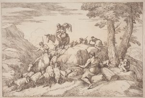 馬に乗った母と子と座った年配の羊飼いとの牧歌的な旅 作： Gaetano Zompini, after Giovanni Benedetto Castiglione