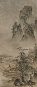 風景：山、小川、家々、室町時代、16世紀初頭。 作： Gakuo Zokyu