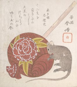 福の神の一人である大黒の杵とネズミ、おそらく1828年。 作： Gakutei