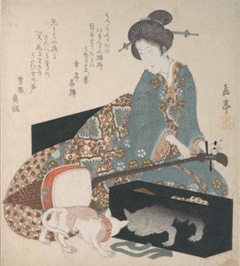 三味線を調律する女性と自分の反射を見る猫、1820 年代半ば。 作： Gakutei