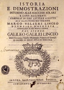 太陽黒点とその性質に関する歴史とデモンストレーションのタイトルページ 作： Galileo Galilei