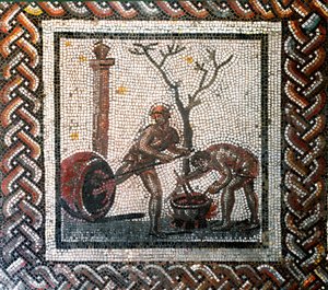 壺のポイスタリングシーン。(モザイク、2世紀末から3世紀初頭) 作： Gallo Roman
