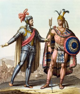 ジュールズフェラーリオ、ミラノ、1820年頃の「ルコスチュームアンシエンオウモデルヌ」のヘルナンコルテス（1485-1547）とモンテスマII（1466-1520）の出会い
