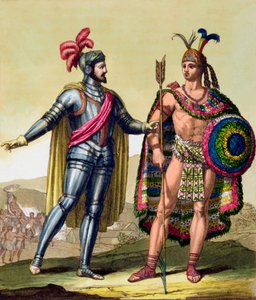 エルナンド・コルテスとモンテスマ2世の出会い、メキシコ、1519 c1820-1839 作： Gallo Gallina