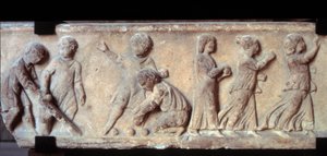 ガロ・ローマ美術（ガロメーン）：石棺の低浮彫りになった大理石のフリーズで、ボール遊びをする子供たちを表現している。紀元2世紀パリ、ルーヴル美術館