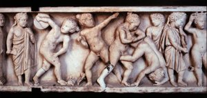 ガロ・ローマ美術（ガロメーン）：子供たちが遊んでいる様子を描いた石棺の大理石のフリーズ。パリ、ルーヴル美術館 作： Gallo Roman Gallo Roman