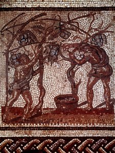 Galloromain art：秋：リンゴの収穫、収穫体験。サン・ロマン・アン・ガルの素朴な暦を表すモザイク舗装。2世紀末から3世紀初め。サン・ジェルマン・アン・レイ、古代美術博物館 作： Gallo Roman Gallo Roman