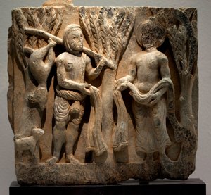 狩人と服を交換する。低浮き彫り彫刻、ガンダーラ（パキスタン）の美術、2～3世紀韓国国立博物館、ソウル（韓国）。