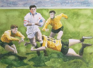 ラグビーマッチ：イングランド対オーストラリアワールドカップ決勝戦、1991年、ウィルカーリングが取り組む（WC）