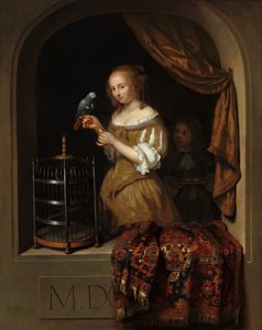 オウムに餌をやる女性、ページ付き、1666年。 作： Gaspar Netscher