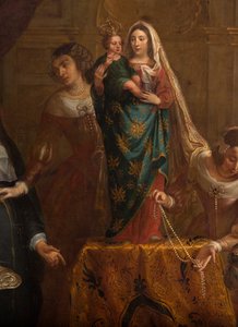 教区教会 (Eglise Saint-Brice)。 絵画「スペインのイザベル大公がハレの聖マルタン大聖堂に宝石を贈る」. ガスパール・ド・クライヤー。 作： Gaspar De Crayer